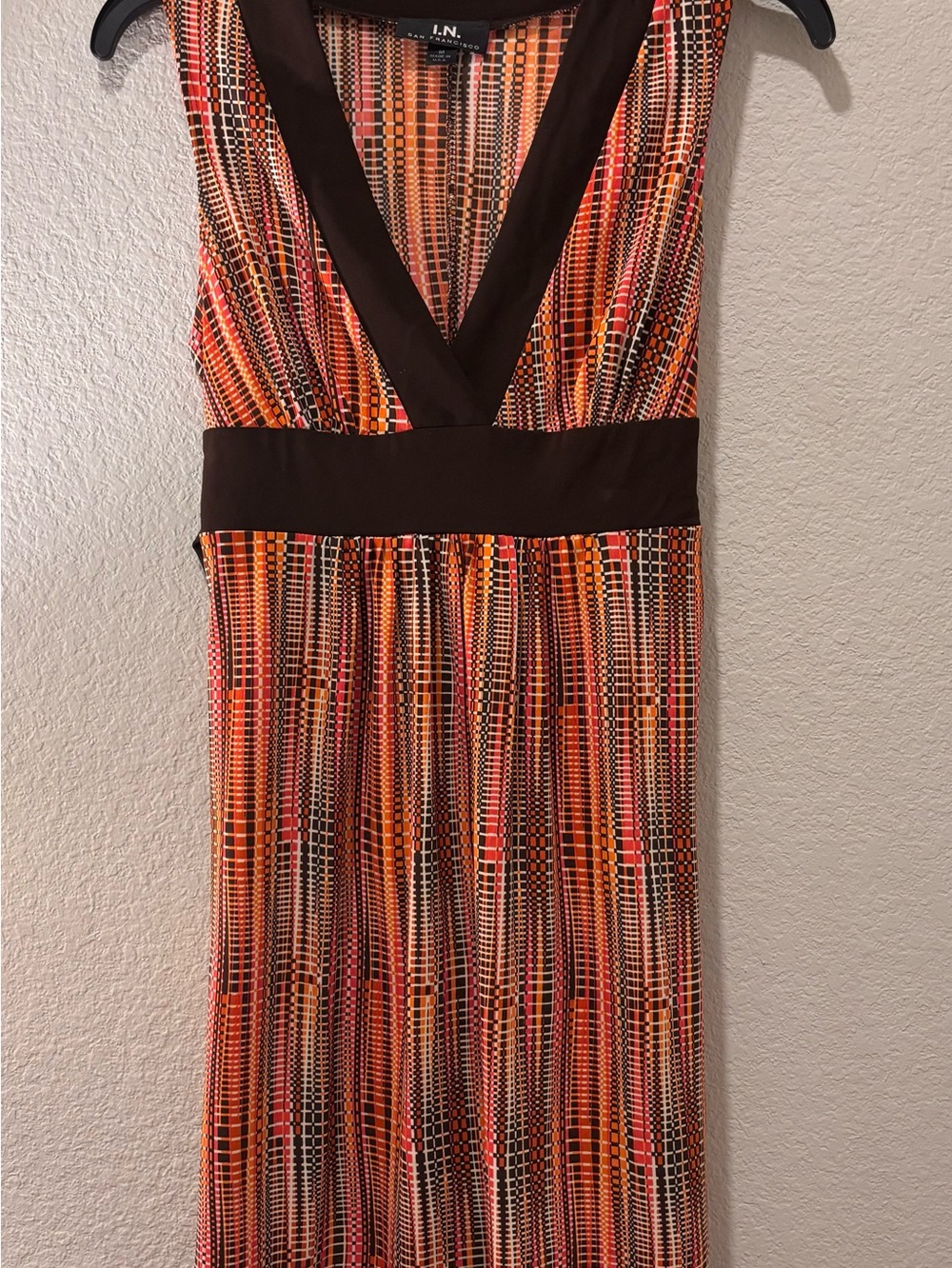 I.N. San Francisco Brown/Orange Geometric Print Sleeveless Dress V Neck ~ Medium